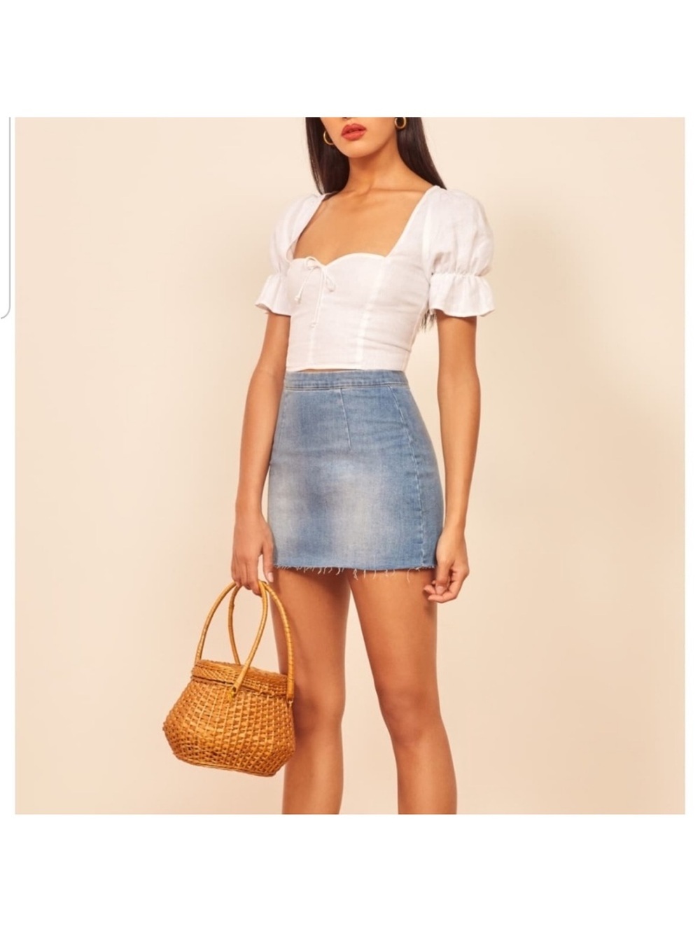 Reformation Evie Barbados Denim Raw Hem Mini Skirt size 27 - Picture 2 of 10